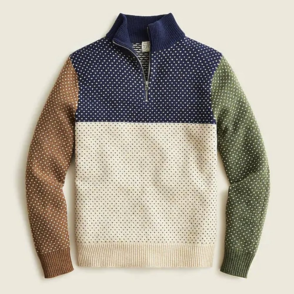 NWT J Crew Rugged Merino Wool 1/2-Zip BirdsEye Colorblock Sweater